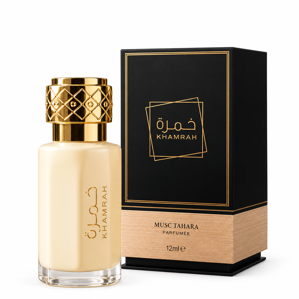 Musc Tahara Khamrah de Dubai Flower 12 ml, frasco original y caja negra y dorada sobre fondo blanco