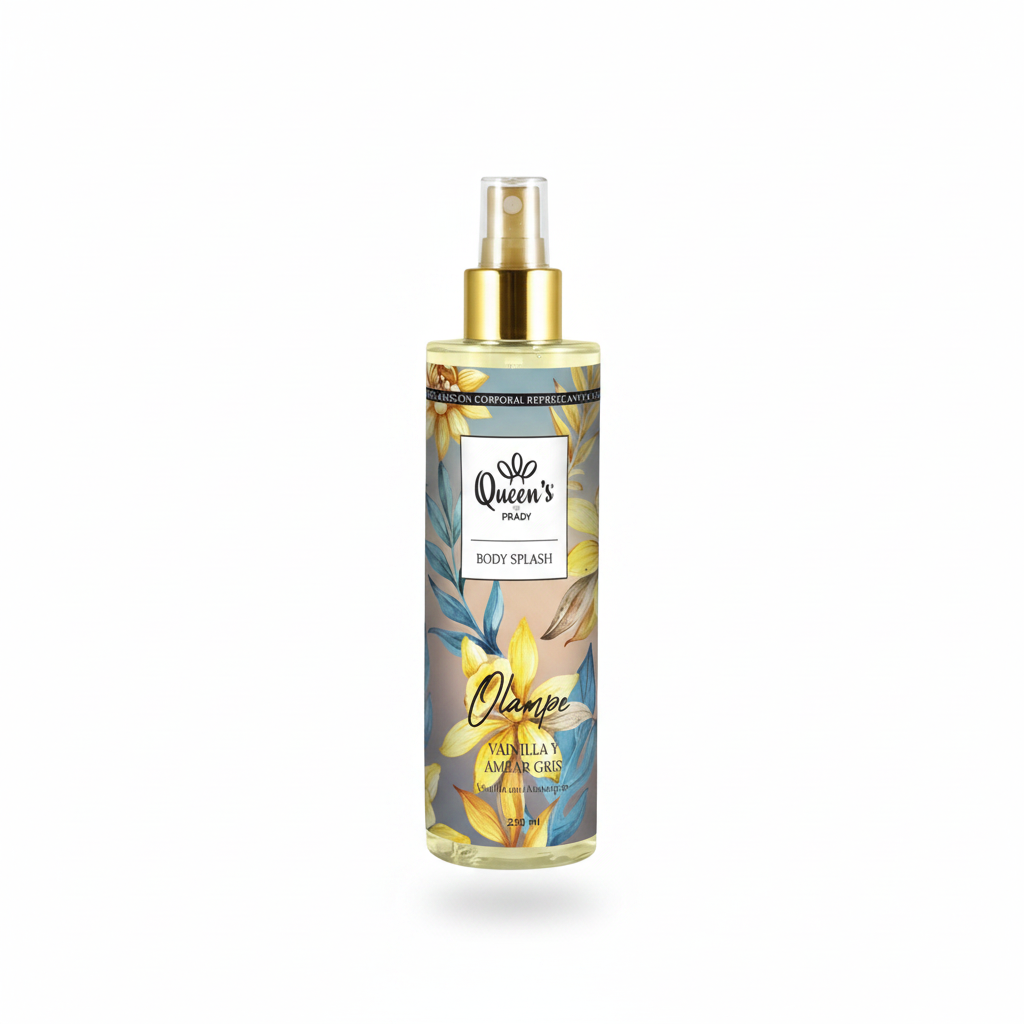 Bruma Olampe de Prady, bruma corporal de 250 ml inspirada en Olympea de Paco Rabanne. Notas olfativas: salida de flor de jengibre y jazmin acuatico; corazon de sal y vainilla; fondo de ambar gris, madera de cachemira y sandalo. Fragancia femenina salada y floral. Frasco fotografiado sobre fondo blanco. Aroma fresco, sensual y moderno.
