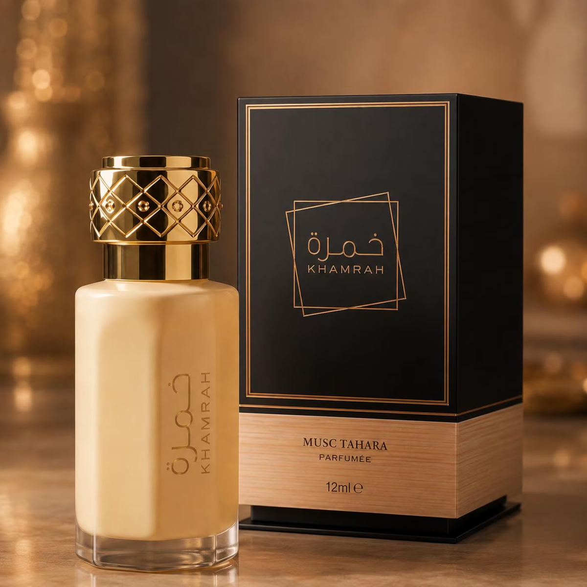 Musc Tahara Khamrah de Dubai Flower, frasco original de 12 ml con tapón dorado y caja negra y dorada