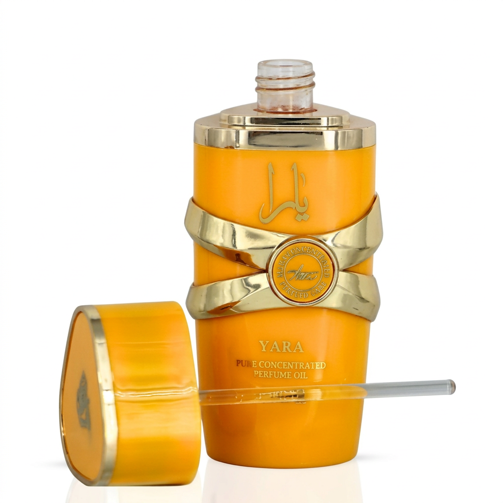 Aceite Yara Tous de Lattafa de 20 ml, frasco naranja con tapón y aplicador sobre fondo blanco con márgenes amplios
