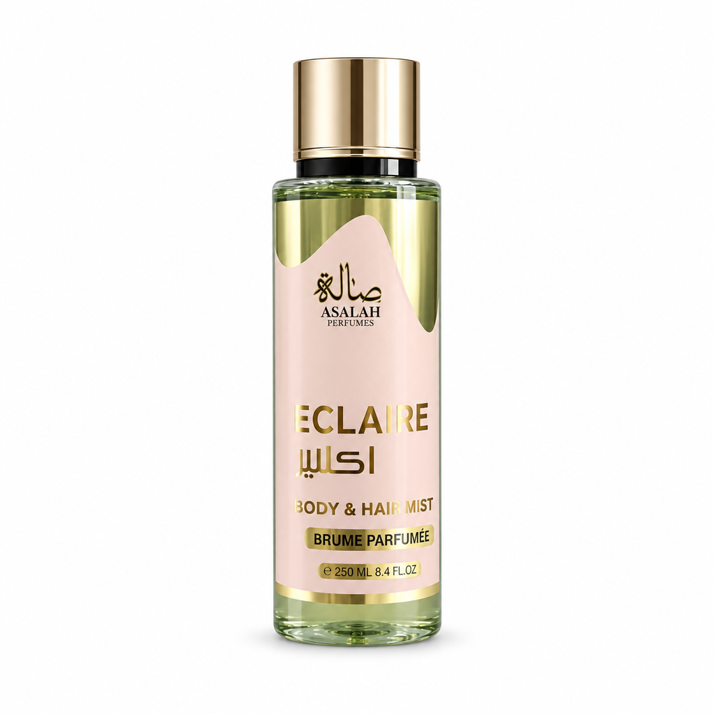Bruma Éclaire Body & Hair de 250 ml, frasco con etiqueta rosa y tapón dorado sobre fondo blanco