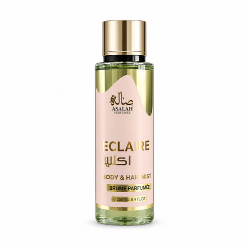 Bruma Éclaire Body & Hair de 250 ml, frasco con etiqueta rosa y tapón dorado sobre fondo blanco