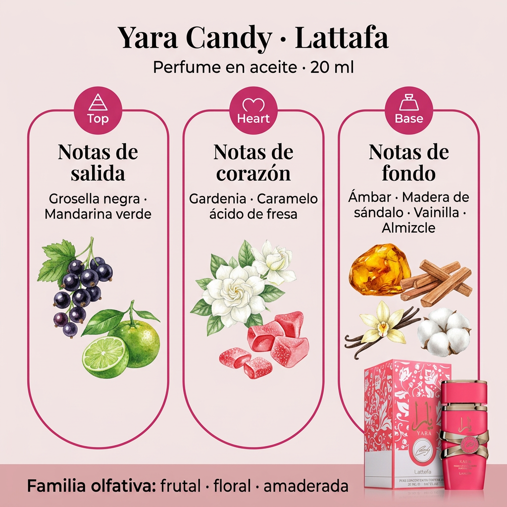 Notas olfativas de Yara Candy: grosella negra y mandarina verde; gardenia y caramelo ácido de fresa; ámbar, sándalo, vainilla y almizcle.