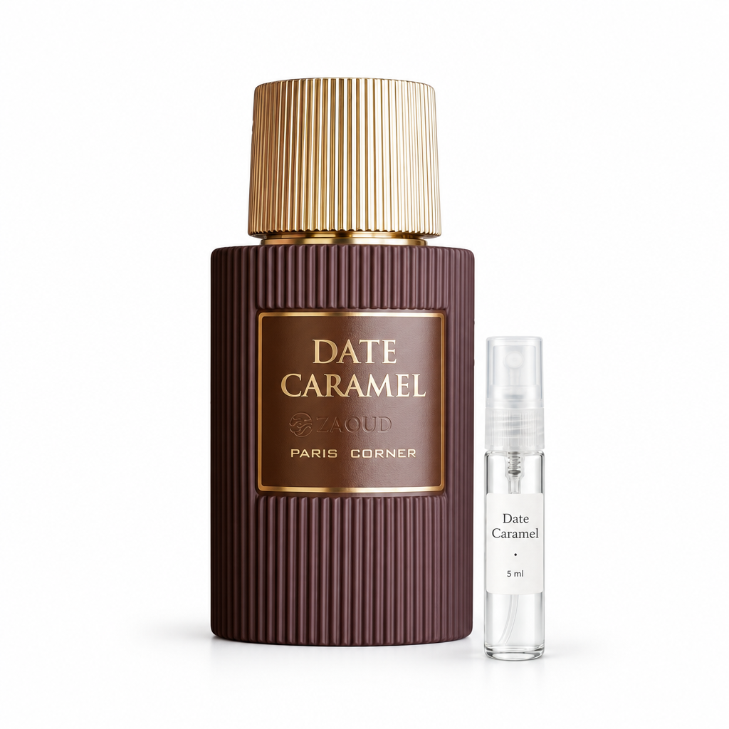 Date Caramel de Paris Corner con decant de cristal de 5 ml y tapón translúcido, junto al frasco original de referencia