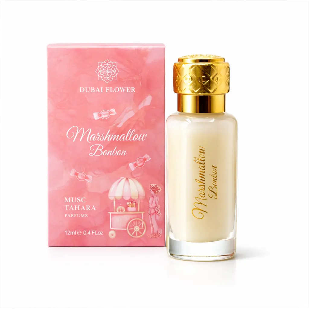 Musc Tahara Marshmallow Bonbon de Dubai Flower, frasco original de 12 ml con tapón dorado y caja rosa