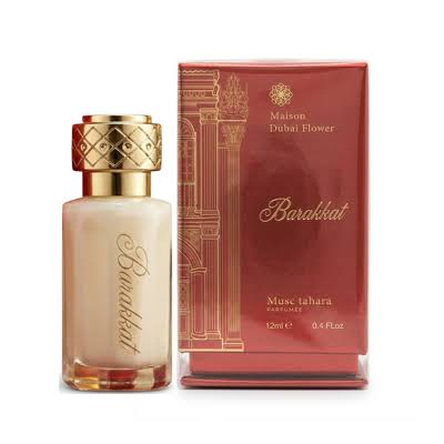 Musc Tahara Barakkat de Dubai Flower, frasco original de 12 ml con tapón dorado y caja roja