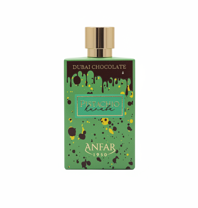 Pistachio Kunafa de Anfar London, extracto de perfume unisex disponible en 30 ml, 5 ml y 3 ml. Notas olfativas: salida de pistacho, kunafa, frutos secos y caramelo; corazon de haba tonka y cardamomo; fondo de chocolate oscuro, ambar, vainilla y matices empolvados. Perfume arabe gourmand inspirado en la reposteria de Dubai. Frasco fotografiado sobre fondo blanco. Aroma dulce, intenso y adictivo.