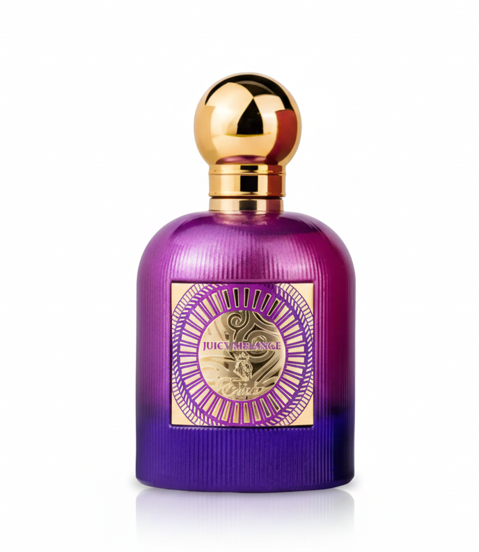 Juicy Melange de Paris Corner Eau de Parfum 100 ml, perfume frutal floral unisex con fresa, jazmín y vainilla, frasco original sobre fondo blanco