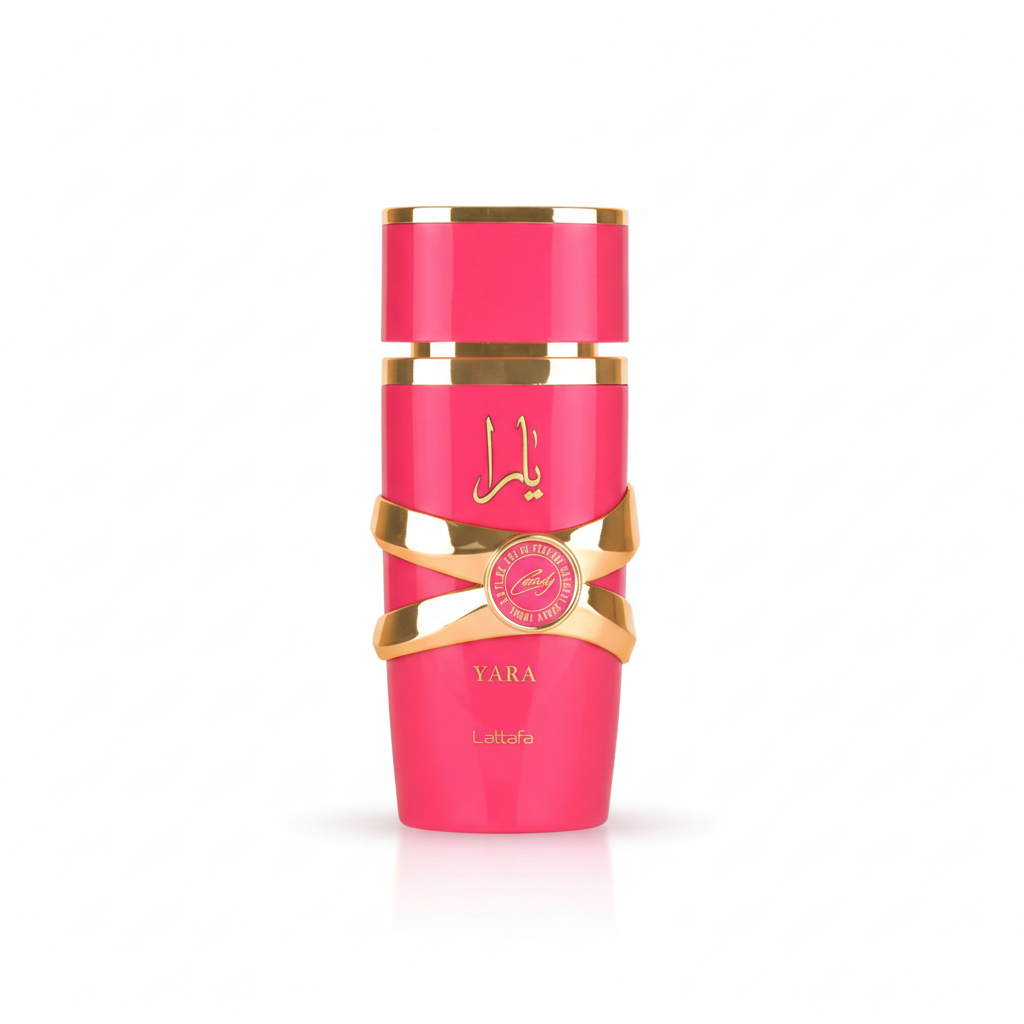 Yara Candy de Lattafa muestra de Eau de Parfum 5 ml sobre fondo blanco