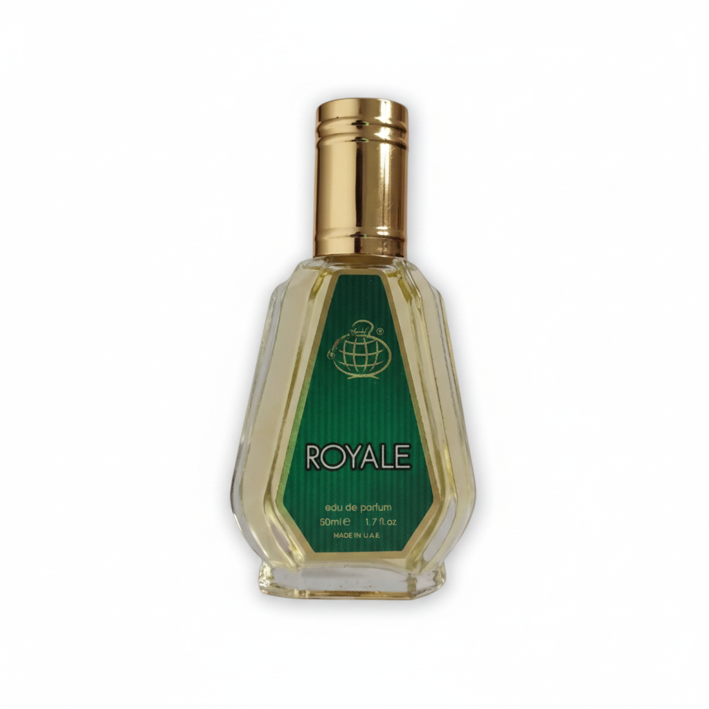 Casamorando Royale de Fragrance World, Eau de Parfum unisex de 50 ml. Notas olfativas: salida de bergamota, naranja sanguina y lavanda; corazón de regaliz, jazmín y canela; fondo de vainilla, caramelo y almizcle. Perfume dulce para otoño, oriental gourmand de precio accesible. Frasco fotografiado sobre fondo blanco. Aroma cálido, dulce y sofisticado, con proyección envolvente y larga duración.