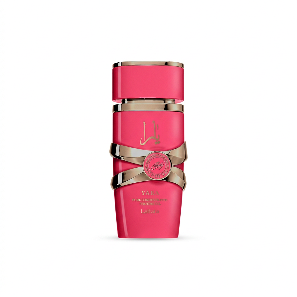 Aceite Yara Candy de Lattafa de 20 ml, frasco rosa centrado con amplio espacio blanco arriba, abajo y a los lados