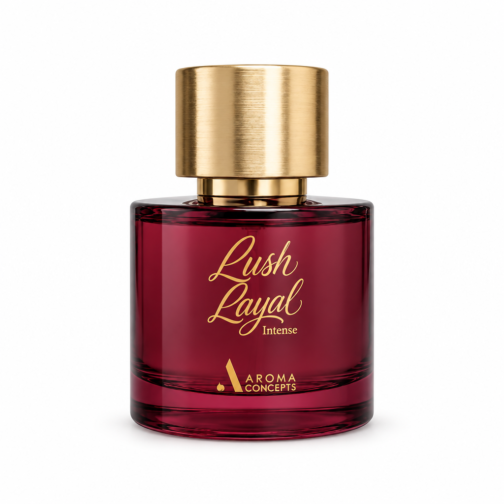 Perfume Lush Layal Intense de Aroma Concepts 50 ml, frasco granate con tapón dorado sobre fondo blanco