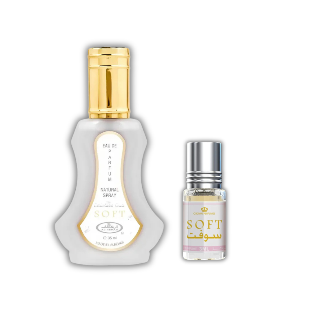 Pack Perfume Soft de Al Rehab: spray de 35 ml y roll-on de 3 ml. Notas olfativas: salida de citricos brillantes; corazon de caramelo suave; fondo de vainilla, almizcle blanco y matices balsamicos y amaderados. Fragancia arabe gourmand dulce y accesible. Frascos fotografiados juntos sobre fondo blanco. Aroma fresco y dulce, ideal para llevar contigo todo el dia.
